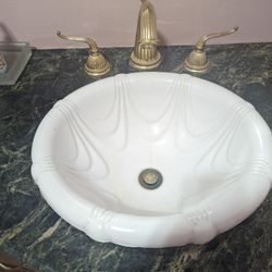 Antique Cabinet With Sink And Faucet With Green Marble Top