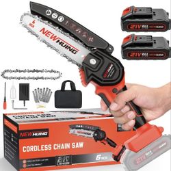 6-Inch Mini Electric Chainsaw Cordless - Handheld Portable Chainsaw with 2 Batteries - 21V Rechargeable Power Chain Saws for Tree Trimming WoodCutting