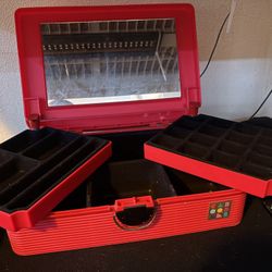 vintage red Caboodles 2420 or 2425 three-tier jewelry case with a mirror