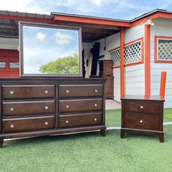 Dresser, mirror, and nightstand