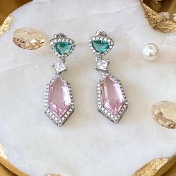 Pink and Green Cystal and Cubic Zirconia Stud Earrings