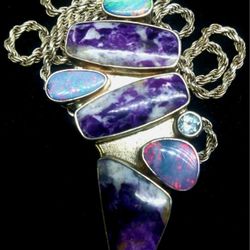 925 Silver Pendant Opals, Charoite, Aquamarine 