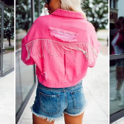 Ripped Cropped Denim Jacket Casual Tassel Jean Coat with Silver Rhinestone F ringe