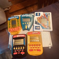 5 Vintage Handheld Electronic Games, 2Yahtezzs, Connect 4, Blackjack And Speed Boat Price For All Please Read Description For Details 