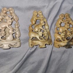 3 Vintage Chinese Hand Carved Soapstone Monkey 3.25" Figurines