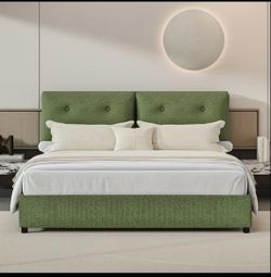 Queen Size Bed Frame with Headboard, Boucle Bed Frame with Removable Pillow Upholstery, No Box Spring Required, Easy Assembly, Green