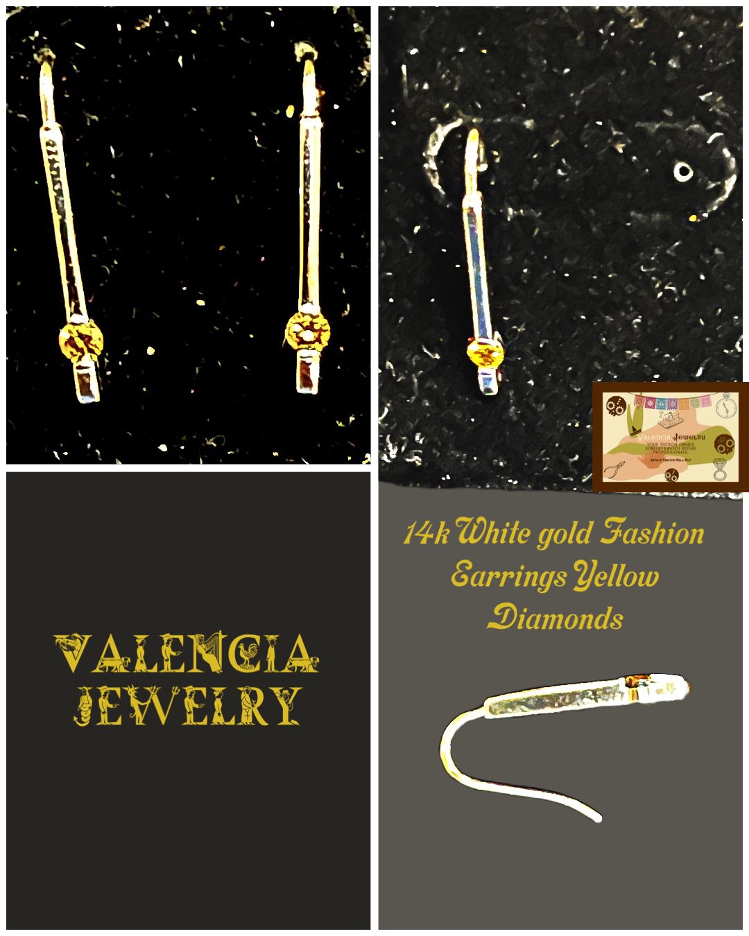 14k White Gold Dangling Earrings Yellow Diamonds 