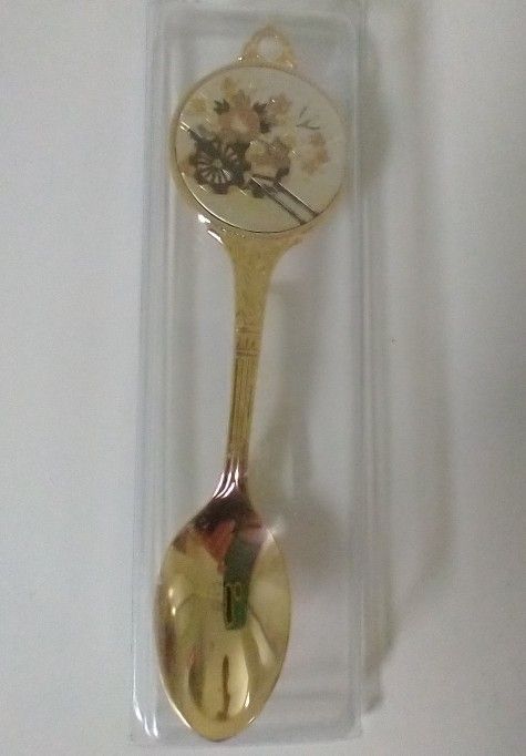 24k Gold Lined Chokin Japanese Vintage Spoon W/Flower Cart