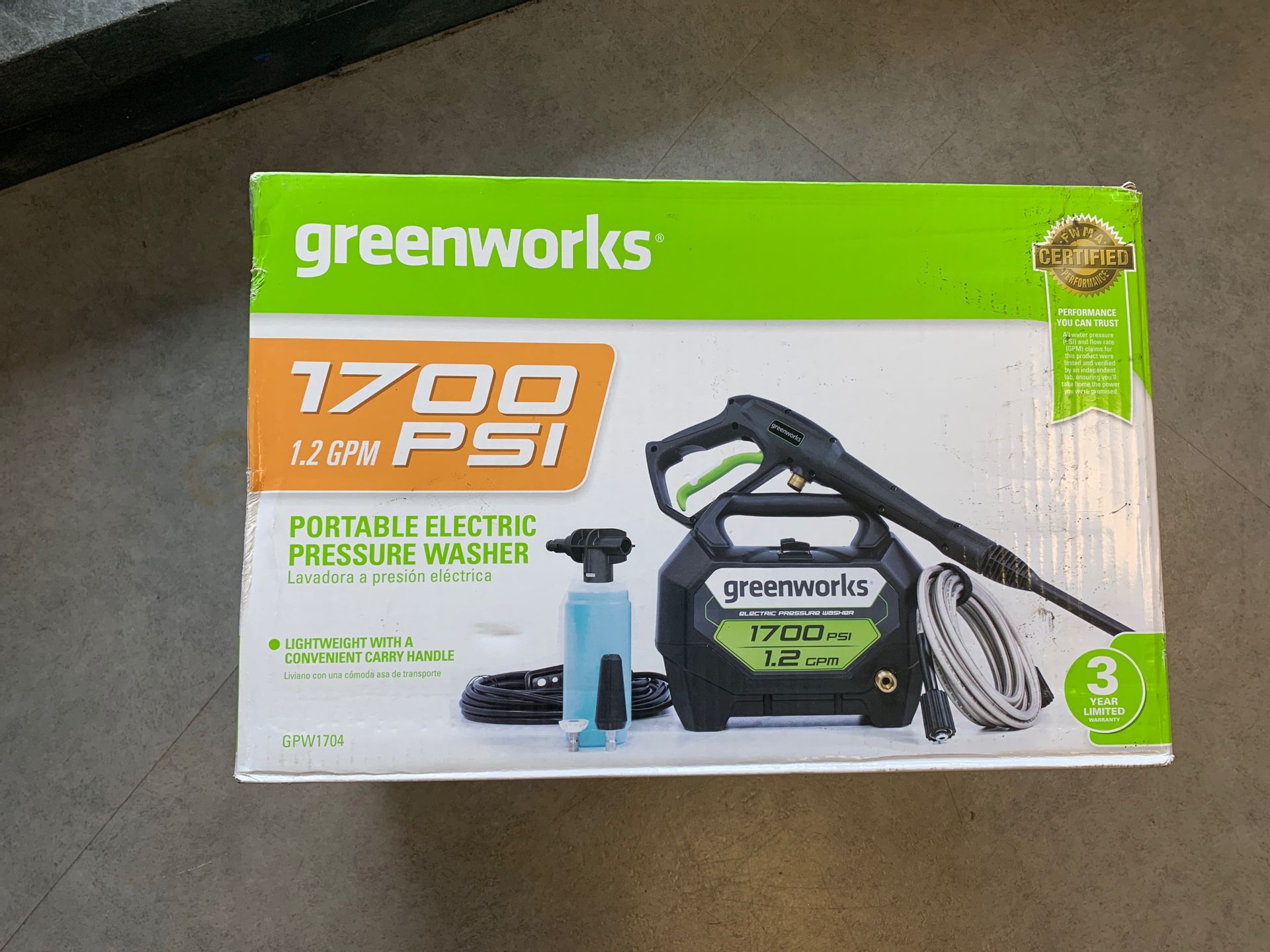 Greenworks 1700 portable electric pressure washer in box