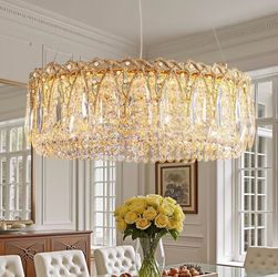 New 19” Gold K9 Crystal Raindrop Chandelier Round LED Light Adjustable Height Dimmable Sparkly