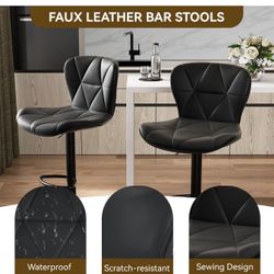 Modern Bar Stools Set of 2, Adjustable Faux Leather Upholstered Swivel Bar Stools, Counter Height Bar Chairs with Back for Kitchen Island, Black