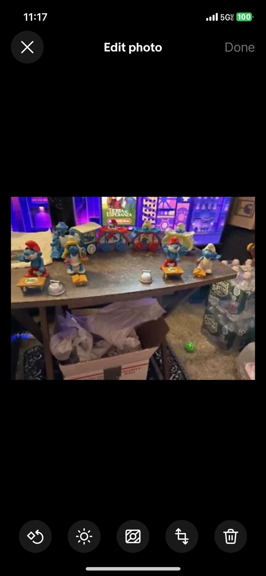 Vintage Smurf train set with four vintage Pacific Smurfs with tables and accessories