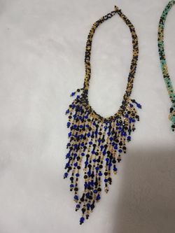 Beaded Fringe Statement Necklace Blue Gold Black