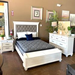 Kanwyn White Queen Upholstered Panel Bed, Dresser, Mirror and Nightstand // 4 Piece Bedroom Set // NEW