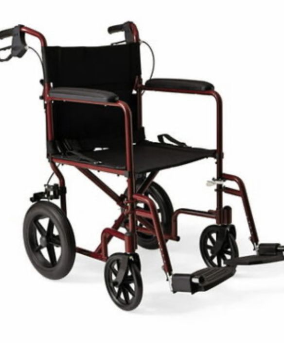 Medline Lightweight Transport Wheelchair with 12 Rear Wheels Folding Transport Chair 300lb Weight Capacity Red Frame