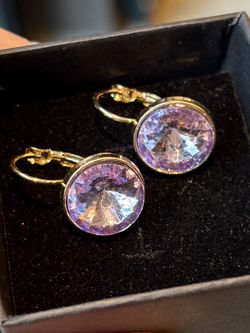 Purple Brilliant Crystal Statement Drop Earrings Assorted Finish In Gold Tone