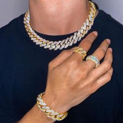 Full Ice Out Cuban Link Set 16MM Gold Plated 14k Doesn't Loses Color 