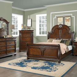 Brand New Brown Traditional Queen Bedframe, Dresser, Mirror, Nightstand, Chest 5PCs Queen Bedroom Set