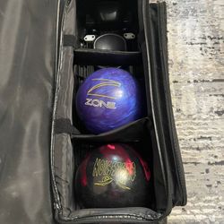 two bowling balls with the bag (one side is a little damaged) comes with 2 gadgets the bowling balls in excellent condition They weight 8 lbs each