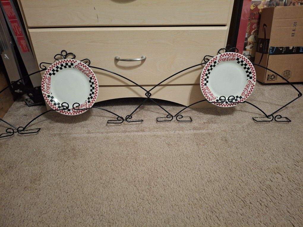2 Black Decorative Plate Holders Woth Coca Cola Plates
