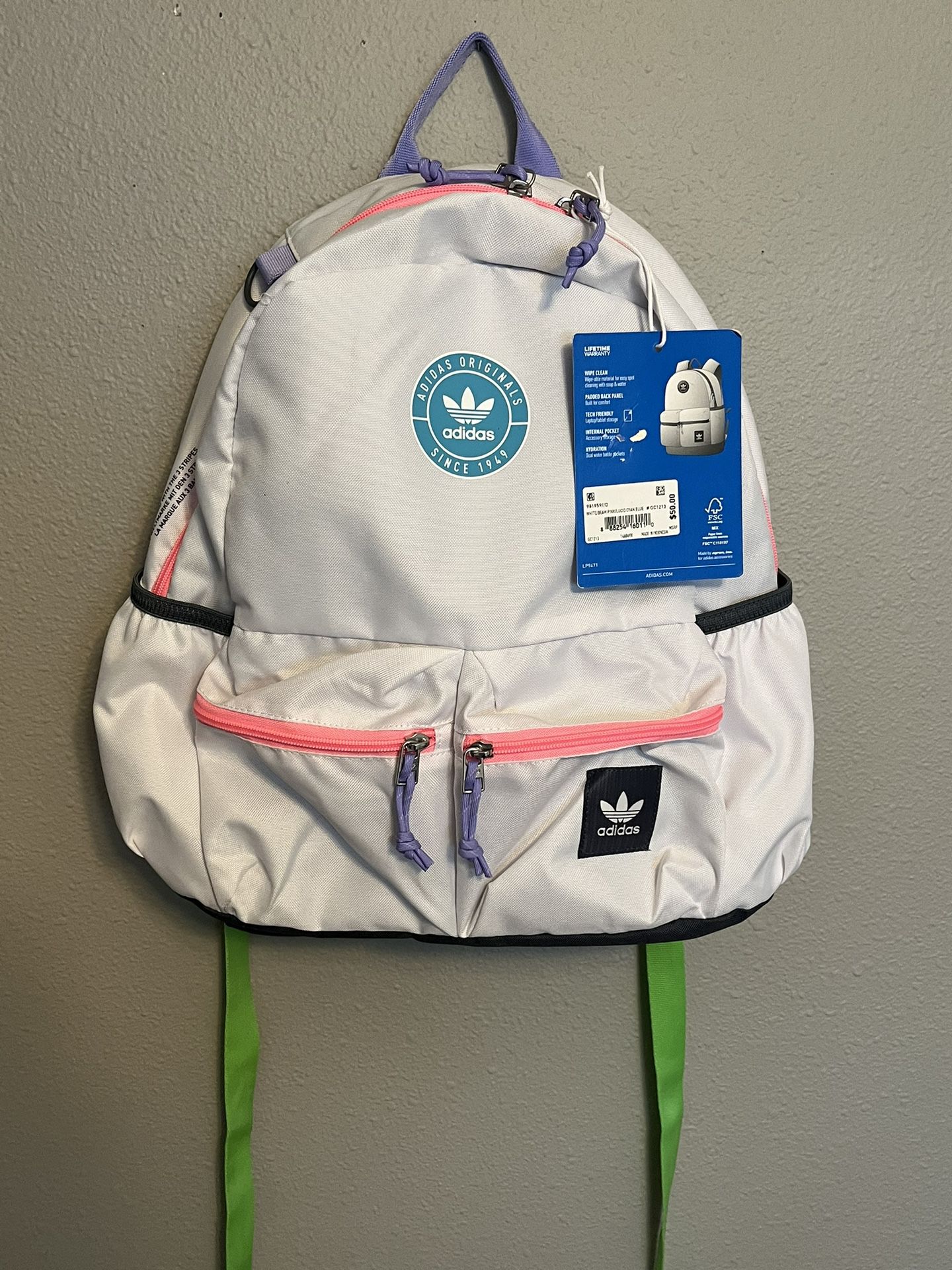 NWT Adidas Backpack Girls Trefoil 3 Backpack White MSRP $50