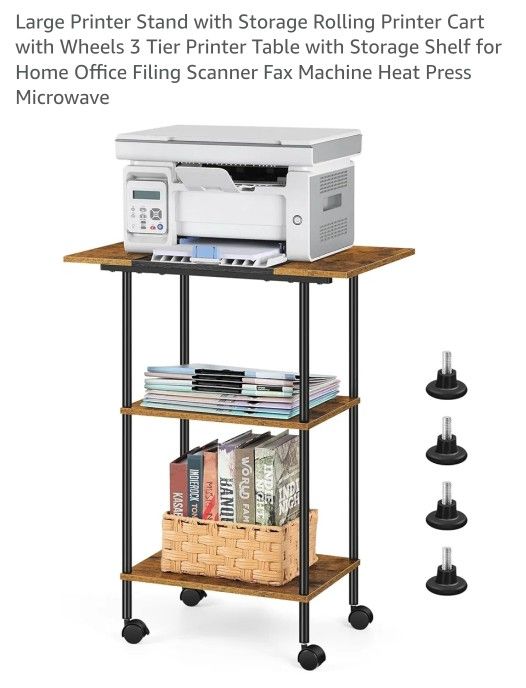 Large Printer Stand with Storage Rolling Printer Cart with Wheels 3 Tier Printer Table with Storage Shelf for Home Office Filing Scanner Fax Machine H