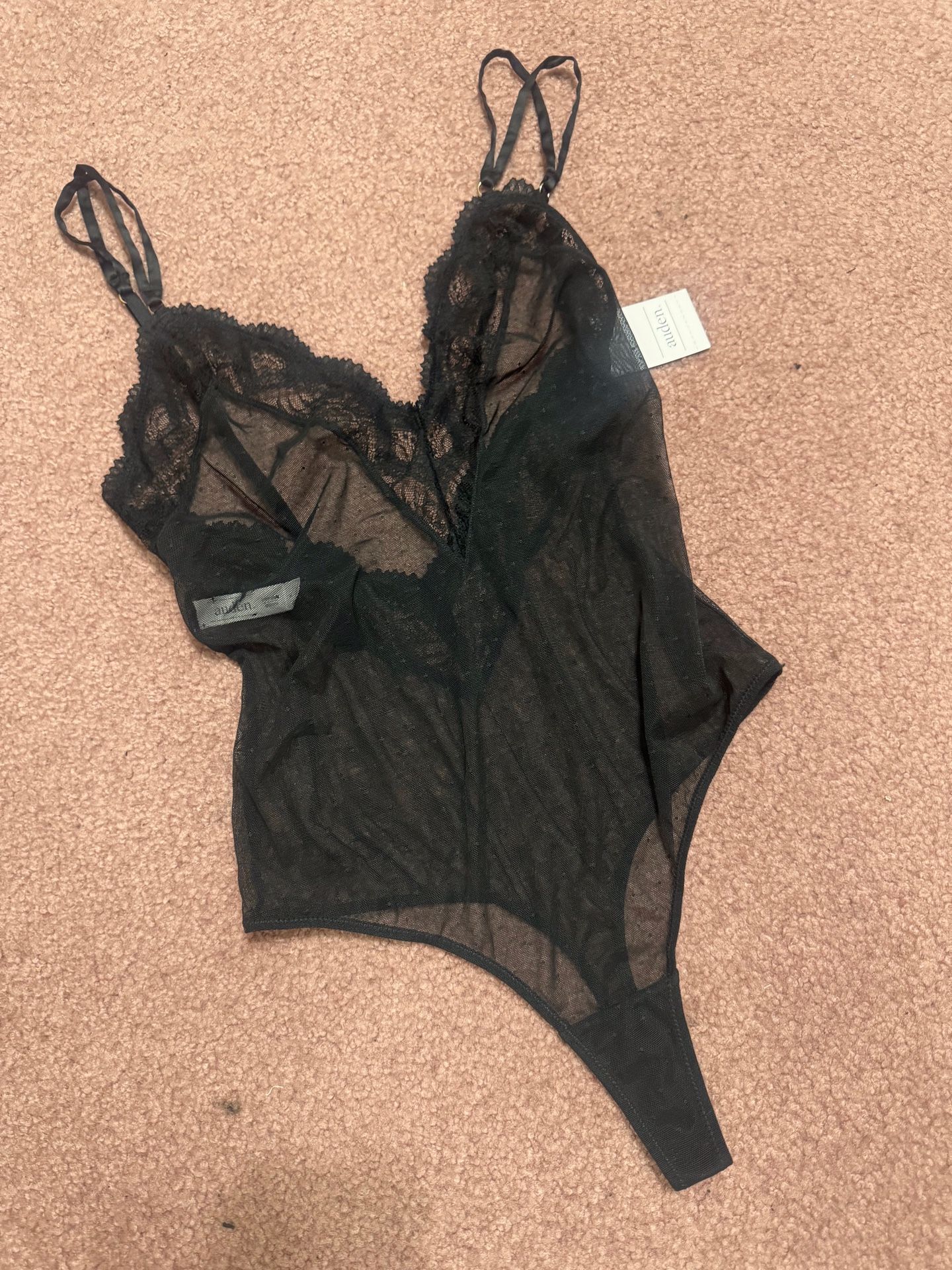 New medium black sheer mesh lace bodysuit lingerie top stretchy