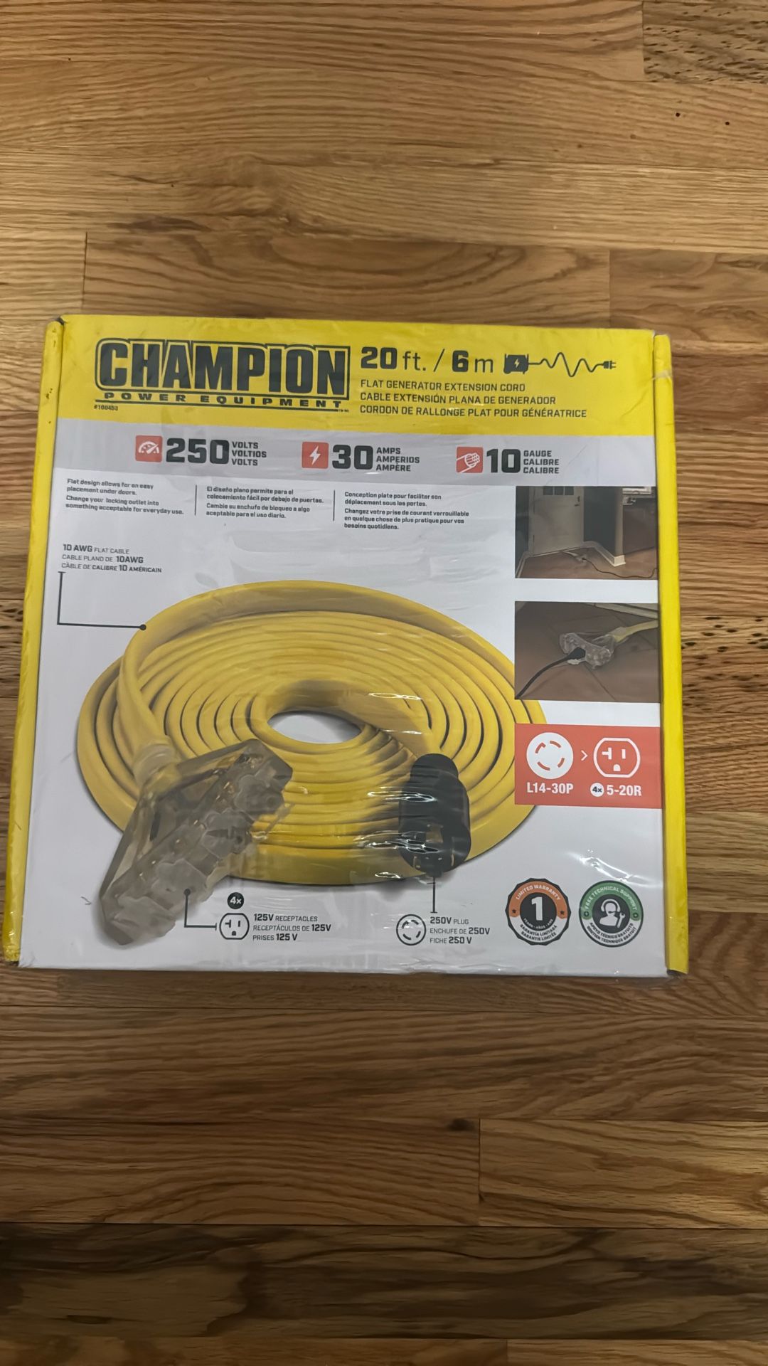 BRAND NEW NEVER USED Champion Power Equipment 20 ft. 125/250V 30A Fan-Style Flat Generator Extension Cord, L14-30P to Four 5-20R