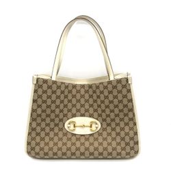 Gucci GG Monogram Horsebit 1955 Medium Tote Bag White Leather Trim Canvas Italy