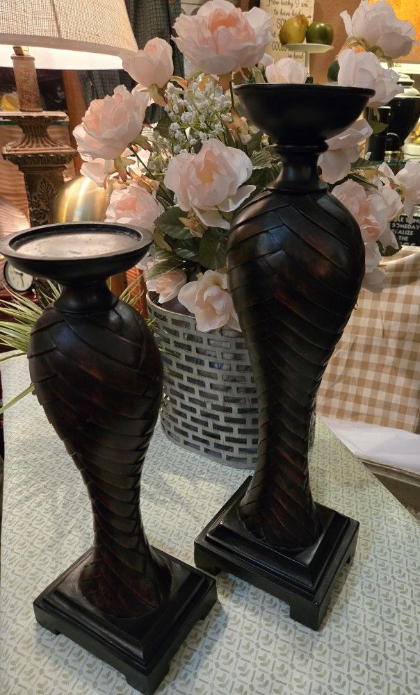 Heavy Wrapped Leather Wood Candle Holders