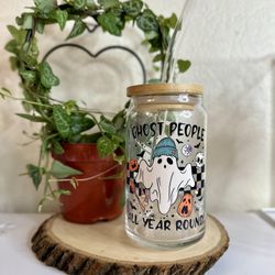 Ghost People Can Glass With Lid And Straw (1 Available) Handmade 
