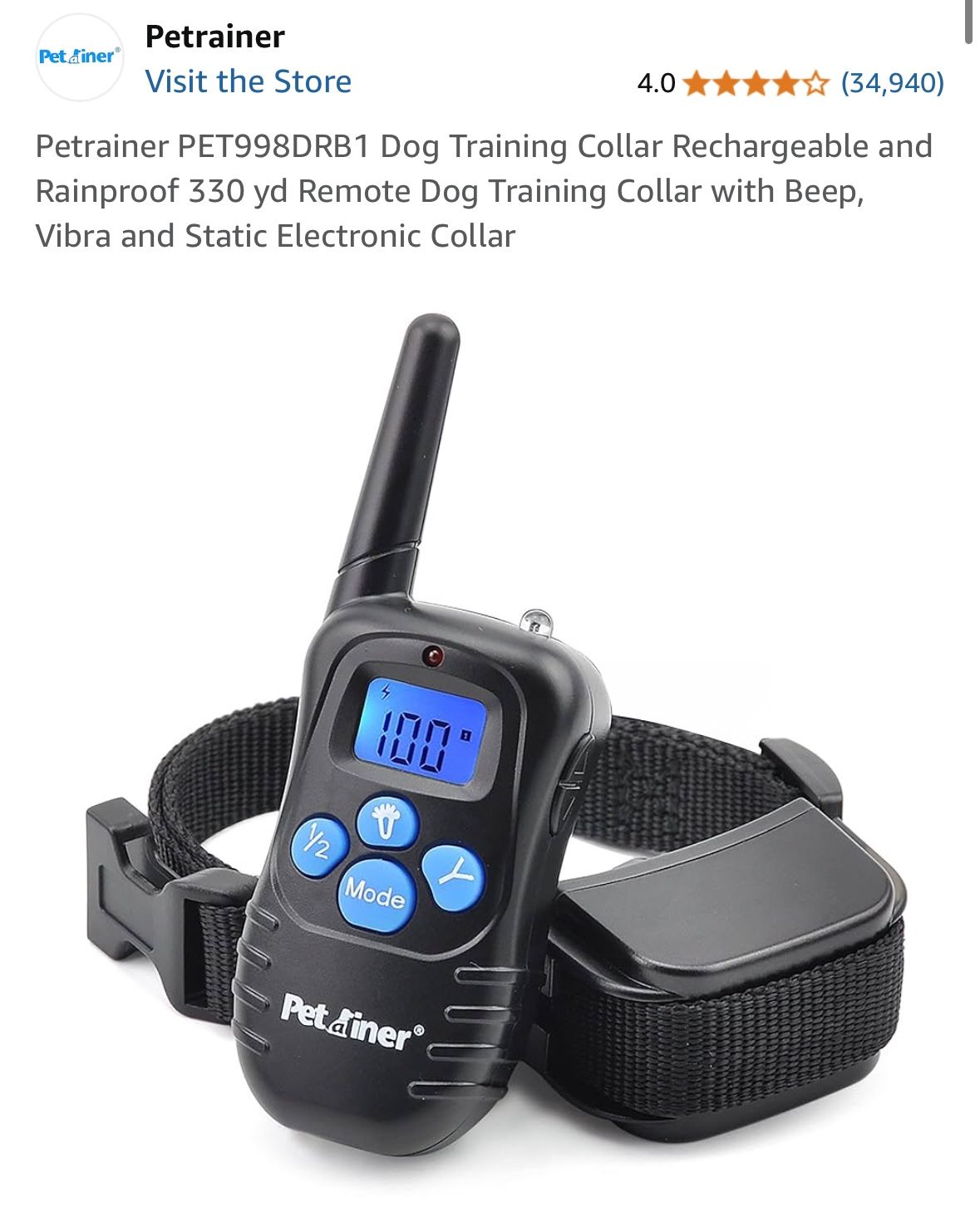 Petrainer PET998DRB1 Dog Training Collar Rechargeable and Rainproof 330 yd Remote Dog Training Collar with Beep, Vibra and Static Electronic Collar