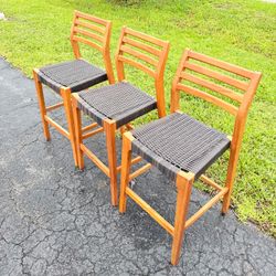 Solid Teak Wood Counter Height Bar Stools Set of 3 Woven Resin Seats GAR Products