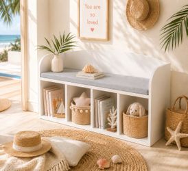 White Kids Storage Bench with Cushion