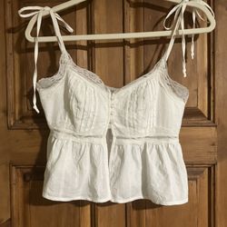 White Lace-Trim Button Front Crop Top