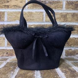 Vintage Bustier Corset Style Handbag Purse Black Suede And Fur