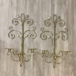 VTG Brass Hollywood regency style pair 3 Arm Candelabra wall mount Gold.  Scroll design Accent Leaves. 22" x 12" x 8"