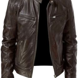 Men's EX-STRECH Faux Leather Motorcycle Jacket - Brown PU Leather, Zipper Closur