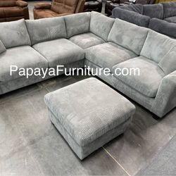New! Light Grey Sectional, Sectional And Ottoman, Living Room Furniture, Sectionals, Sofas, Couch, Grey Couch, Grey Sofa, L-Shaped Sofa,Corduroy Couch