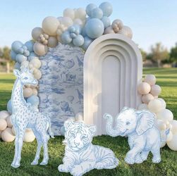 Grey Blue Jungle Animal Silhouette  Style Pattern Baby Boy Shower Photo Booth Decoration Props