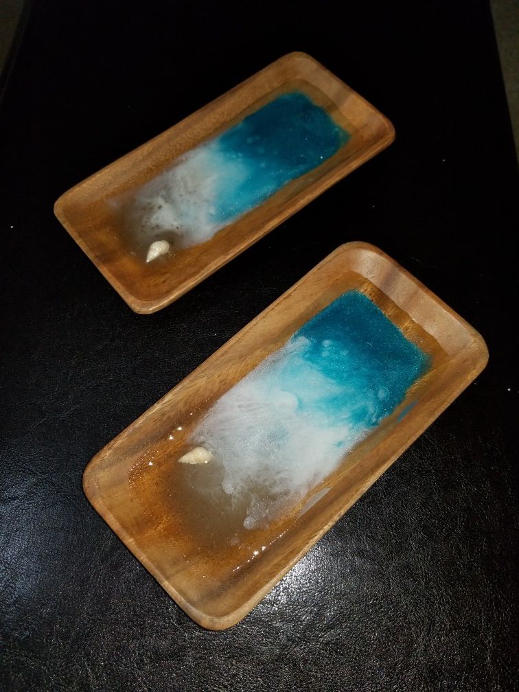 beach wave wooden jewelry trays resin acrylic paint and shell tray organizer box for rings necklaces earrings