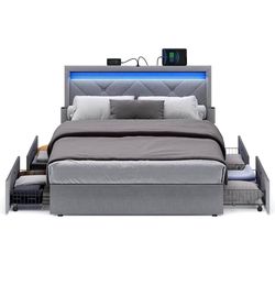 LED Bed Frame Full Size, Full Bed with Headboard and 4 Drawers, 1 USB Port and 1 Type C Port, Adjustable Upholstered Headboard 37.1/39.6 Inches, No Bo