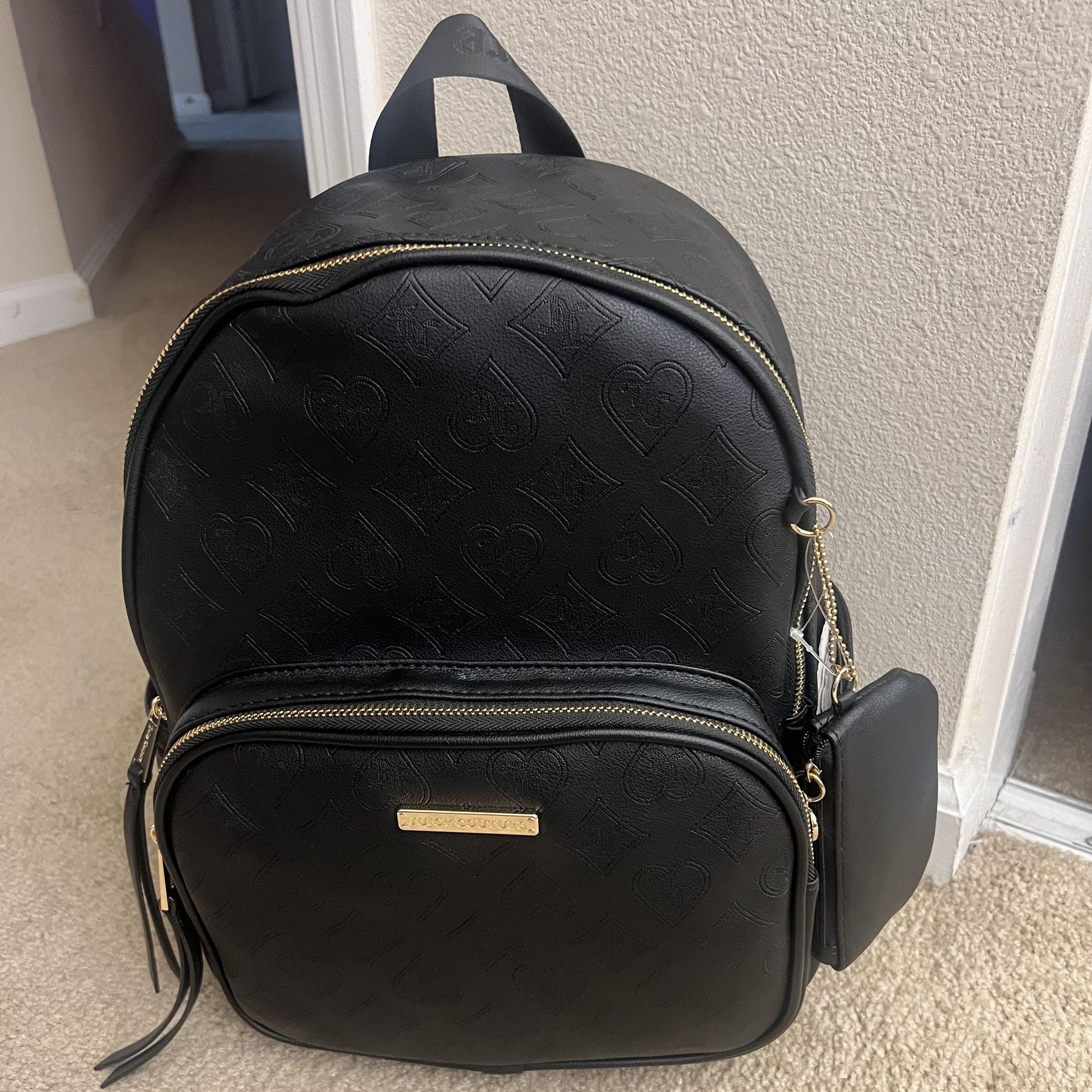 NWT Juicy Couture Black Backpack -Embossed Juicy w/pouch Black fluffy Juicy Couture backpack with matching wristlet set main image 3