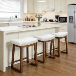 K456 $70  Bar Stools Set of 3, Backless Counter Height Bar Stools, 24 Inch Modern Saddle Bar Stools with Walnut Legs & Upholstered Fabric Seat, Wooden