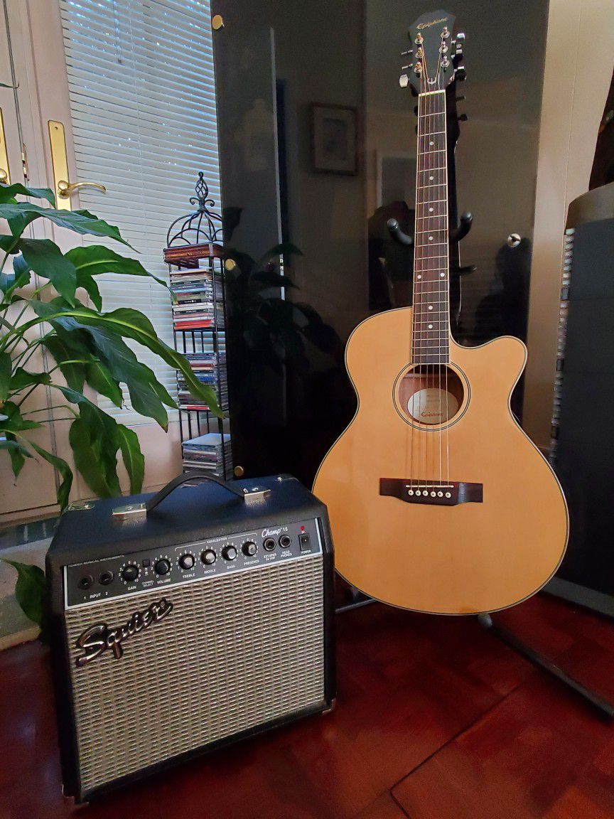 Epiphone Acoustic Electric & Fender Squier Champ Amplifier 