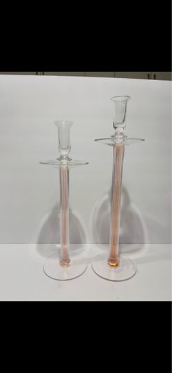 Vtg IVV  Italy Tall Postmodern Vetraria Valdarnese 2 Pink Glass Candle Holders. Very rare Italian elegant set of 2 Glass Candle Holders are in good co