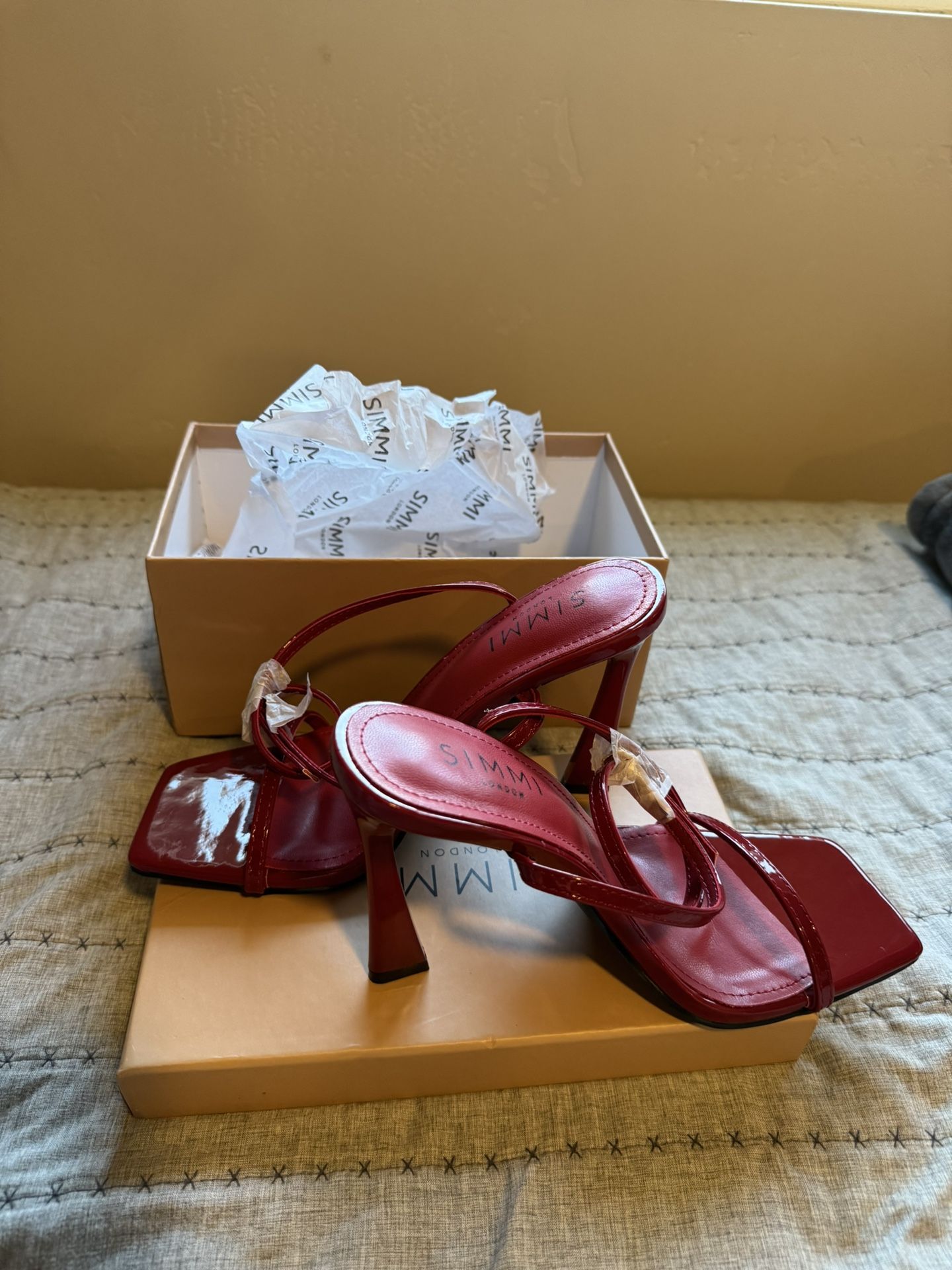 Simmi London: Dark Red Patent Flared Heels