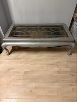 Wood silver glass top coffee table