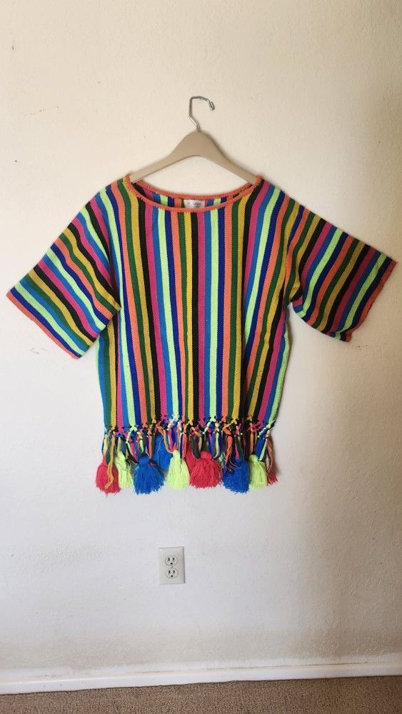 Funky Vintage Colorful Mexican Top W/ Fringe