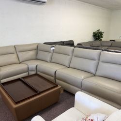 Furniture- 100% Real Top Grain Leather 5pc Sectional- Two Power Recliners 